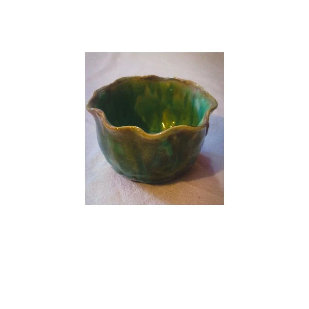 Vintage Majolica Style Green Glaze Ceramic Bowl Planter | Applied Floral Leaf